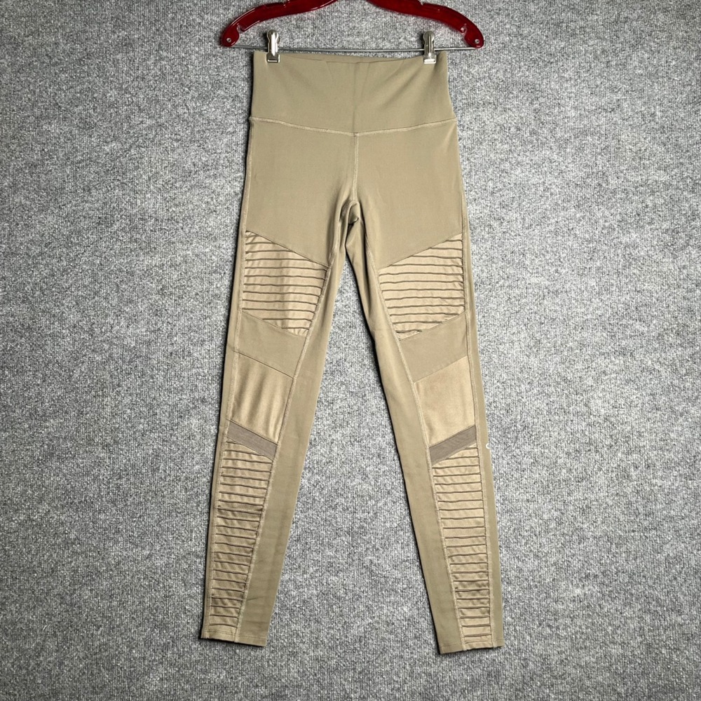Alo Yoga High Waist Moto Leggings Olive Tan Quilted Mesh Panel Size M